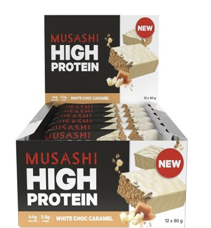 Musashi HP45 Bar- White Choc Caramel 90gm- 12pk